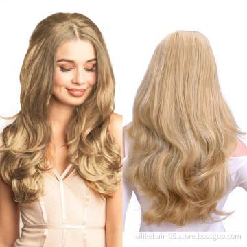 24Inches Ombre Blonde Black Capless Wigs Hair Clips Extension Wavy 3/4 Half Wig Soft Long Synthetic Hair Extensions